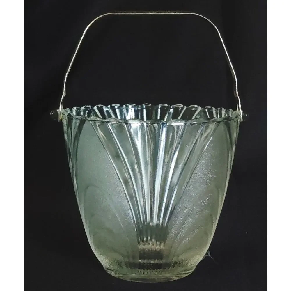 Vintage Frosted Glass Ice Bucket Barrel Swing Hammered Metal Handle